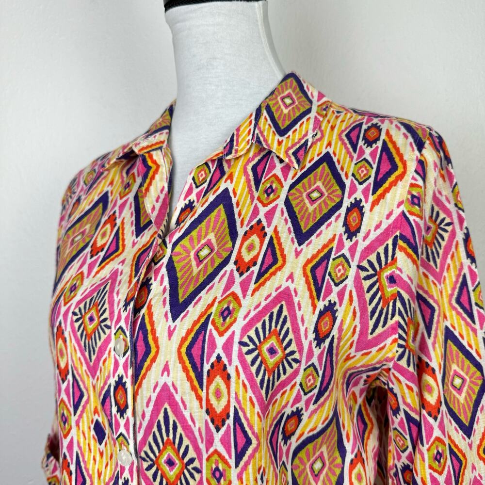 Chico's | Sz 0 Ikat 100% Linen Button-Back No Iron Colorful Button Up Shirt - Picture 7 of 14